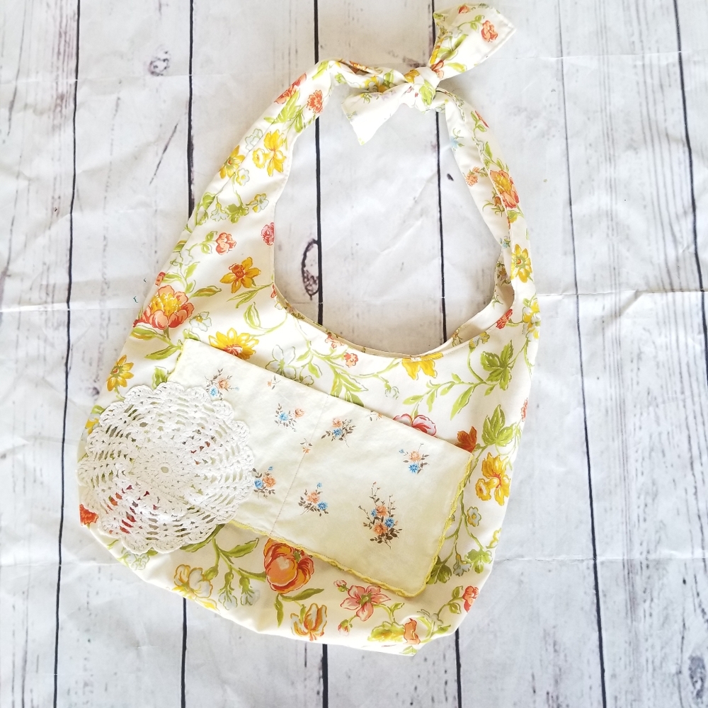 Boho Cottage Core Sling Bag Vintage Linens Reversible
